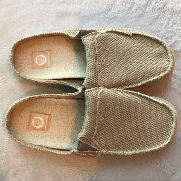 Fleece-lined Gecko Man Arch Support Tan Woven Canvas Slippers - Picture 2 of 6